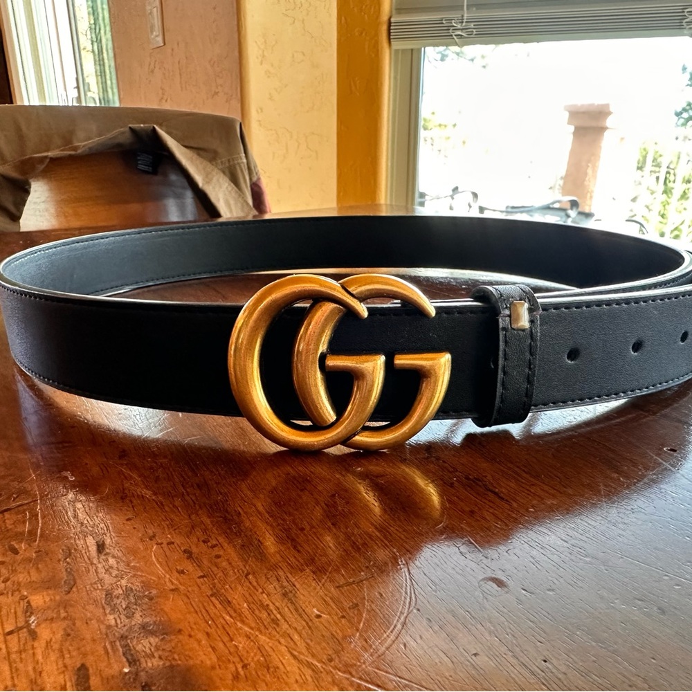 GG Black Leather Belt with Gold Buckle